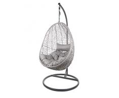 Kideo Komplettset: Hängesessel mit Gestell & Kissen, Indoor & Outdoor, Poly-Rattan (Gestell- und Korbfarbe: grau, Kissen: grau Chester-Stepp (8008_Cloud))