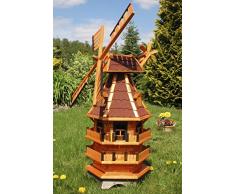 Deko-Shop-Hannusch Windmühle 3 stöckig kugelgelagert 1,40 m Bitum rot mit Beleuchtung Solar, Solarbeleuchtung, mit extra Windrad hinten am Kopf, imprägniert, Kugellager einstellbar