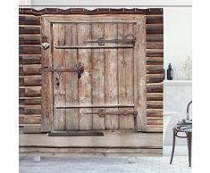 ABAKUHAUS Rustikal Duschvorhang, Holztür-Blockhaus, Seife Bakterie Schimmel und Wasser Resistent inkl. 12 Haken und Farbfest, 175 x 200 cm, Braun