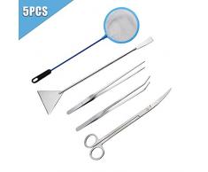 WeyTy 5 in 1 Aquarium Set, Aquarium Reinigung Kit/Aquarium Zubehör/Pinzette Schere Kiesspatel Spachtel Werkzeug aus Edelstahl Set für die Pflanzenpflege und Gestaltung in Aquarien（Mit Fischernetz）
