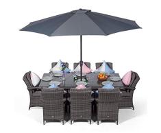 Arizona Rattan Gartenmöbel Set für 8 Personen Grau | Rechteckige Polyrattan Garten Möbel Sitzgruppe mit Tisch, Getränkekühler und Sonnenschirm | Lounge Möbel, Balkon Möbel Set | Mit Abdeckung