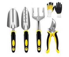 AGAKY Gartenwerkzeug Set Gartengeräte Set aus Edelstahl, 5 TLG Garten Werkzeug Set mit Gartenschere/Handkelle/Pflanzmaschine/Handrechen/Gartenhandschuhen, Gelb