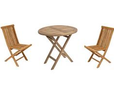 Mediablue Gartentisch rund 80cm aus Teakholz mit 2 Stühlen (Tisch mit 2 Stühlen)