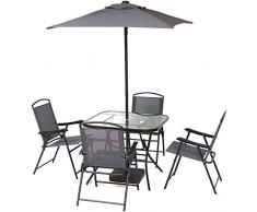 Outsunny Gartenmöbel Set mit Sonnenschirm, Siebenteilige Sitzgruppe, Sitzgarnitur, 1 Tisch + 4 Stühle, Metall, Grau, 55 x 62 x 86 cm (Stuhl), 88 x 88 x 71 cm (Tisch)