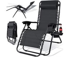 KESSER® - Sonnenliege Liegestuhl Mit Getränkehalter | Verstellbar Rückenlehne | abnehmbares Kopfkissen Kopfpolster| Klappbar | Stahlrahmen | Garten Liege Hochlehner | Gartenstuhl ergonomisch Anthrazit