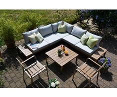 bomey Lounge Set I Gartenmöbel Orlando 4-Teilig I Edelstahlbeschichtete Alu Essgarnitur I Sitzgruppe im Teak Holzdekor + 2 Stapelstühle + Tisch + Polster I Dining Lounge für Terrasse + Wintergarten