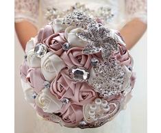 Fouriding Handgemachte Brosche Brautstrauß Braut Satin Rosen Blumen Strass Perlen Blumensträusse Hochzeit Strauß Künstliche Blumenstrauß künstlicher Rosenstrauß Dekoration (Creystal Pink)