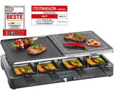 Clatronic RG 3518 Raclette-Grill mit heißem Stein zum Grillen und Überbacken, Wendegussplatte, 8 Pfännchen, 8 Holzspatel, antihaftbeschichtet