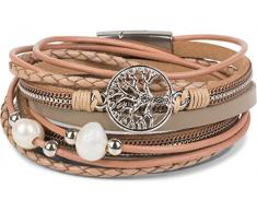 styleBREAKER Wickelarmband mit Perlen, Ketten, Flechtelement und Lebensbaum Anhänger, Magnetverschluss, Armband, Damen 05040070, Farbe:Beige-Altrose
