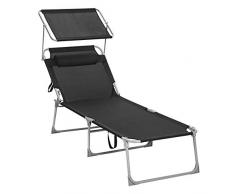 SONGMICS Sonnenliege, Liegestuhl, Gartenliege, extra groß, 71 x 200 x 38 cm, bis 150 kg belastbar, mit Kopfstütze und Sonnendach, Rückenlehne verstellbar, klappbar, Garten, schwarz GCB22BK