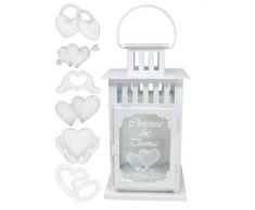 UDIG Laterne Metall mit 3D Gravur, Hochzeitsgeschenk Hochzeitslaterne, Metalllaterne weiß 28x15,5x15,5 cm