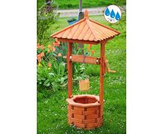 BTV XXL Brunnen, Garten-Brunnen 130 cm, Holz einstöckig Designer-Klassik MIT Rolle & Eimer, EXP140-he-OS, voll funktionstüchtig,schöne Details, Metallkette Deko-Brunnen Outdoor, Brunnen mit Eime