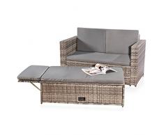 Melko Gartenset, Poly Rattan, Lounge Sofa-Garnitur mit klappbarer Fußbank, Schwarz, inklusive Kissen, mehrteilig, Grau