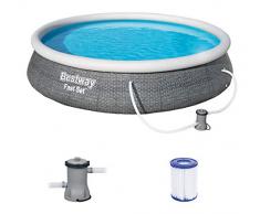 Bestway Fast Set Pool 396x396x84 cm, Gartenpool Set selbstaufbauend mit aufblasbarem Luftring, rund, mit Filterpumpe und Filterkartusche