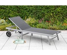 MERXX Gartenliege Florenz mit verstellbarem Rückenteil und Rollen 199cm, Gestell Aluminium Silber, Bezug Kunstgewebe schwarz, wetterfest
