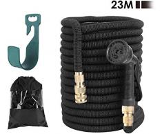 FIXKIT Gartenschlauch Flexibler Schlauch Wasserschlauch Dehnbar Erweiterbar mit 3-Fach Latexkern Gewebe Multifunktionsbrause für jeden Wasserhahn mit Gewinde Beschläge aus Reinem Messing(23M Schwarz)
