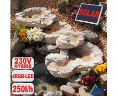 AMUR Solar GARTENBRUNNEN Bachlauf QUELLBACH II mit LED-Licht/Hybrid-System, 230V ZIERBRUNNEN VOGELBAD Wasserfall GARTENLEUCHTE TEICHPUMPE - SPRINGBRUNNEN WASSERSPIEL für Garten, Gartenteich, Teich