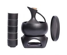 LMIM 8er Pack Japanisches Sake Cup Set mit wärmerem, traditionellem Geschenkset zum Servieren von Töpferwaren, einschließlich 5 Weingläsern, Teetablett, Heiztisch, Flachmann, warme Schüssel, schwarz