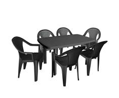 Multistore 2002 7tlg Campingmöbel Gartenmöbel Set Vollkunststoff 138x87cm Gartentisch rechteckig Stapelstuhl Gartenstuhl Vollkunststoff Sitzgruppe Gartengarnitur Anthrazit