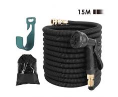 FIXKIT Gartenschlauch Flexibler Schlauch Wasserschlauch Dehnbar Erweiterbar mit 3-Fach Latexkern Gewebe Multifunktionsbrause für jeden Wasserhahn mit Gewinde Beschläge aus Reinem Messing(15M Schwarz)