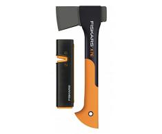 Fiskars Set Universalaxt X7-XS, Mit Axt- und Messerschärfer, Länge: 35,5 cm, Schwarz/Orange, 1020183 (Limitierte Auflage)