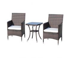Outsunny 3-TLG. Gartensitzgruppe mit Beistelltisch, Rattan Gartenset, Polyrattan, Braun, 60 x 58,5 x 89,5 cm