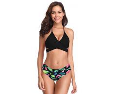 SHEKINI Damen Zweiteiliger Crossover Neckholder Bikini Weiche Pads Oberteil Druck Bikinihose Schwimmbad Sexy Schick Für Frau Strandkleidung High Waist Bauchweg Unterteil (M, Schwarz+Muster)