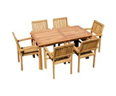 ASS Teak Set Gartengarnitur Gartenset Sitzgruppe Gartentisch 150x80 cm mit 6 Stapelsessel Miami aus Teakholz Gartenmöbelset Esstischgruppe Sessel stapelbar