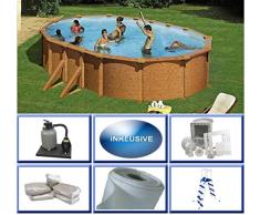 Summer Fun Stahlwandbecken Set Grandy Holzoptik oval 3,75m x 6,10m x 1,32m Folie 0,4mm Super Komplettset Pool Ovalpool / 375 x 610 x 132 cm Stahlwandpool