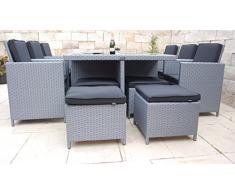 Ragnarök-Möbeldesign PolyRattan - DEUTSCHE Marke - EIGNENE Produktion - 8 Jahre GARANTIE auf UV-Beständigkeit Gartenmöbel Essgruppe Tisch + 6 Stühle & 4 Hocker 16 Polster Platinum Grau