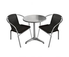 Multistore 2002 3tlg Bistro-Set - Aluminium Bistrotisch Ø60cm + 2X Alu Bistrostuhl Polyrattan - Sitzgarnitur Sitzgruppe Gartenmöbel Set Silber/Schwarz