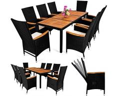 Casaria Poly Rattan Sitzgruppe 8+1 Schwarz 7cm Dicke Auflagen Tisch & Armlehnen aus Holz Neigbare Lehne Gartenmöbel Set