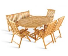 SAM 6tlg. Gartengruppe Borneo, Teak-Holz Gartenmöbel, 1 x Ausziehtisch Borneo + 4 x Hochlehner Aruba + 1 x 3er Gartenbank Caracas