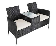 Casaria Gartenbank Poly Rattan Tisch inkl. 7cm Auflagen wetterfest Gartensofa Kinobank Bank Garten Möbel 2 Sitzer Schwarz