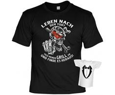 Cooles Totenkopf Sprüche T-Shirt für Griller Geschenkset : Fass meinen Grill an -- T-Shirt + Mini Flaschenshirt Farbe: schwarz Gr: 4XL
