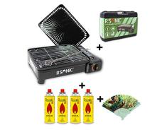 Camping BBQ Gasgrill Gasbräter Grill Tragbar Barbecue Tischgrill inkl. Grillplatte Grillaufsatz + Grillrost + Spieße + 4X Gaskartuschen + Tragkoffer (Farbe: Schwarz, Rot oder Orang)