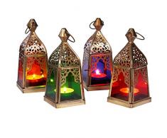 Orientalische Laternen 4 Set Laterne Basil bunt 16cm | Orientalisches Windlicht aus Metall & Glas in 4 Farben | Marokkanische Glaslaterne für draußen als Gartenlaterne in Grün - Blau - Lila - Orange