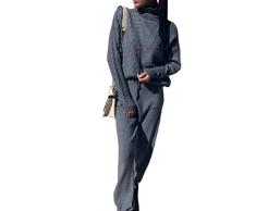 Shujin Damen Stricken Zweiteilige Sweatsuit Rollkragen Strickpullover mit Jogginghose Trainingsanzug Slim Fit Pullover Top Lounge Wear Jumper Set schlanke Lange Hosen Set
