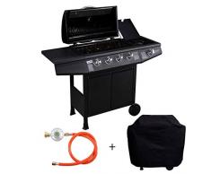 TAINO Basic 4+1 Gasgrill inkl. Abdeckung Druckminderer Grillwagen BBQ Edelstahl-Brenner Seitenkocher Gas-Grill TÜV Schwarz