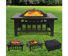 femor Feuerstelle mit Grillrost 81x81x45cm, Multifunktional Fire Pit für Heizung/BBQ, Garten Terrasse Feuerschale,Quadratisch Metall Feuerkorb mit wasserfeste Schutzhülle,Tolles Geschenk Festtag
