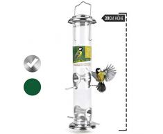 wildtier herz | Körner-Futterspender 39cm - Futtersäule für Vögel zum Aufhängen mit Edelstahl-Anflugplätzen, Futterstation zur ganzjährigen Wildvögel Fütterung (Silber)