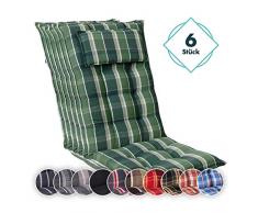 Homeoutfit24 Sun Garden 6-Stück Gartenstuhl-Auflage (120 x 50 x 9 cm) Sylt, Hochlehner Auflage mit abnehmbarem Kopfpolster in Grün/Grau