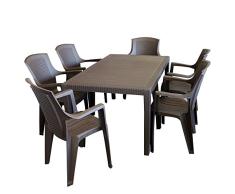 Multistore 2002 7tlg. Gartengarnitur Kunststoff Gartentisch 150x90cm + 6X Stapelstuhl Mokka Sitzgarnitur Gartenmöbel Campingmöbel Set