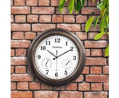 SkyNature Wanduhr für den Außenbereich, 45 cm, wasserdicht, mit Thermometer und Hygrometer, Vintage-Stil, dekorative Uhr für Garten, Zaun, Terrasse, Metall, bronzefarben