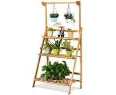 COSTWAY 3-Ebenen Pflanzenleiter, Pflanzenregal mit höhenverstellbarer und Abnehmbarer Hängestange, Blumenregal klappbar, Blumentreppe aus Bambus, Pflanzentreppe, Blumenständer für Hängepflanzen
