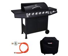 TAINO Basic 6+1 Gasgrill Set inkl. Abdeckung/Druckminderer Grillwagen BBQ Edelstahl-Brenner Seitenkocher Gas-Grill TÜV Schwarz