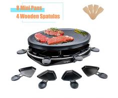 Raclette Grill 8 Personen Tischgrill Elektrisch mit 8 Raclette Pfännchen und 4 Holzspateln 1300W Antihaftbeschichtung Thermostat Barbecue Ostern Teppanyaki Grill Elektrische Grillpfannen für Familie