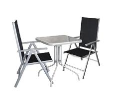 Multistore 2002 3tlg. Gartengarnitur Balkonmöbel Gartenmöbel Set Bistrotisch 60x60cm mit Tischglasplatte Glastisch Hochlehner Klappstuhl Rückenlehne 7-Fach verstellbar Sitzgruppe