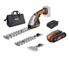 WORX 20V Akku Gras- und Strauchschere WG801E.4, PowerShare, Heckenschere Rasenschere 20cm, 12 cm Strauchtrimmer, 10 cm Grasmesser, Rasenkantenschere, Tragetasche, 1 Std. Schnellladegerät, 18V
