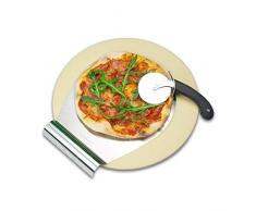 RADOLEO® Pizzastein Rund aus Cordierit - Premium Set mit Pizza-Roller & Pizzaschaufel | für Kugel Grill & Back-Ofen | edle Verpackung | Ø36x1,3cm